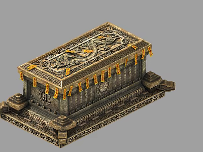 Elaborately Carved Ornamental Casket With Golden Tassels And Decorative Base 3d model
