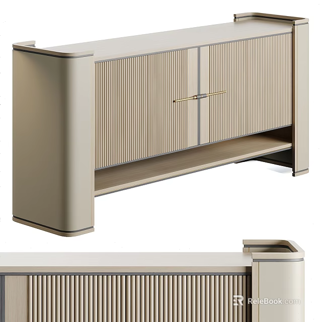 Modern Light Beige Sideboard With Vertical Striped Panels Gold Handles And Open Lower Shelf 3d model 