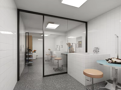 Hospital Outpatient Clinic Interior With White Tiled Walls Glass Partitions High Stools Gray Terrazzo Flooring 3d model