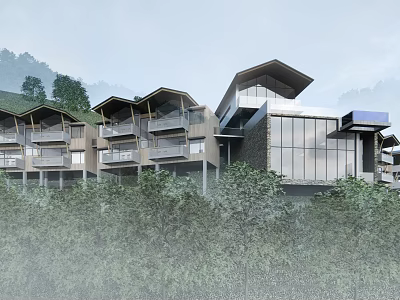 Modern Mountain View Boutique Guesthouse With Sloped Roofs Wooden Balconies And Greenery 3d model