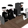 Stylish Coffee Kitchen Utensils With Espresso Machines Grinders Cups And Containers On Wooden Table