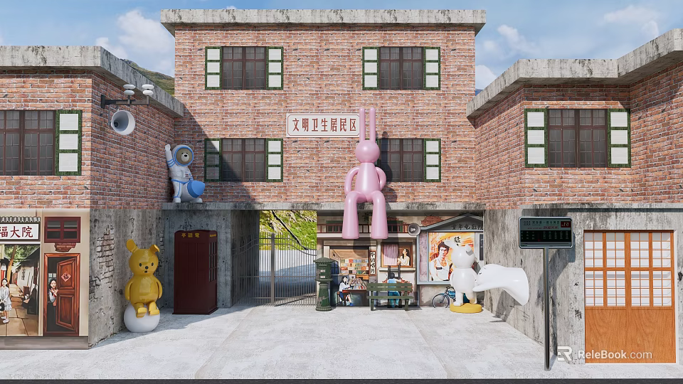 Vibrant Commercial Street With Red Brick Buildings Large Sculptures And Stationery Store 3d model 