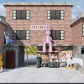 Vibrant Commercial Street With Red Brick Buildings Large Sculptures And Stationery Store