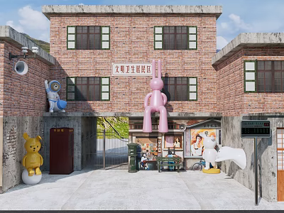 Vibrant Commercial Street With Red Brick Buildings Large Sculptures And Stationery Store 3d model