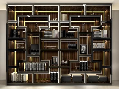 Modern Wooden Bookshelf with Multi Layered Compartments Built in Lighting and Decorative Books and Items 3d model