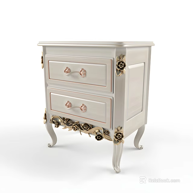 White Bedside Table With Two Drawers And Rose Decorations On Legs And Edges 3d model 
