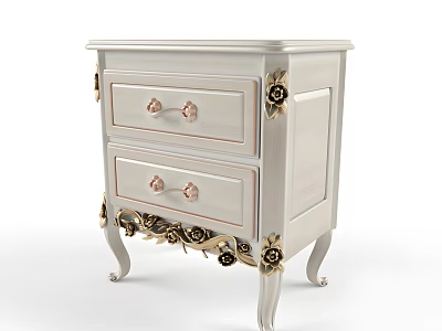 White Bedside Table With Two Drawers And Rose Decorations On Legs And Edges 3d model