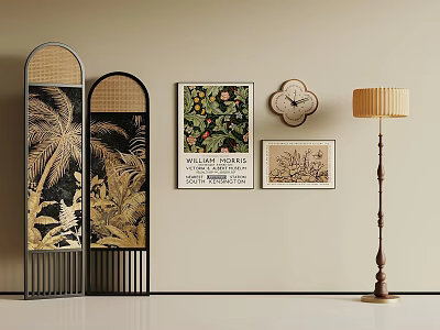 Modern Room Divider With Tropical Plant Pattern And Wall Art Floor Lamp In Interior Decor 3d model