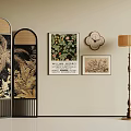 Modern Room Divider With Tropical Plant Pattern And Wall Art Floor Lamp In Interior Decor