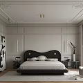 French Style Luxury Bedroom With Ceiling Moldings Black Headboard Artwork And Floor To Ceiling Windows