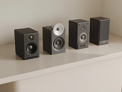 Various Sleek Speakers Arranged On White Shelf With Modern Design Elements 3d model