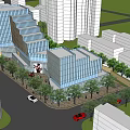 Vibrant Commercial Street With Outdoor Seating Red Umbrellas Modern Buildings And Trees