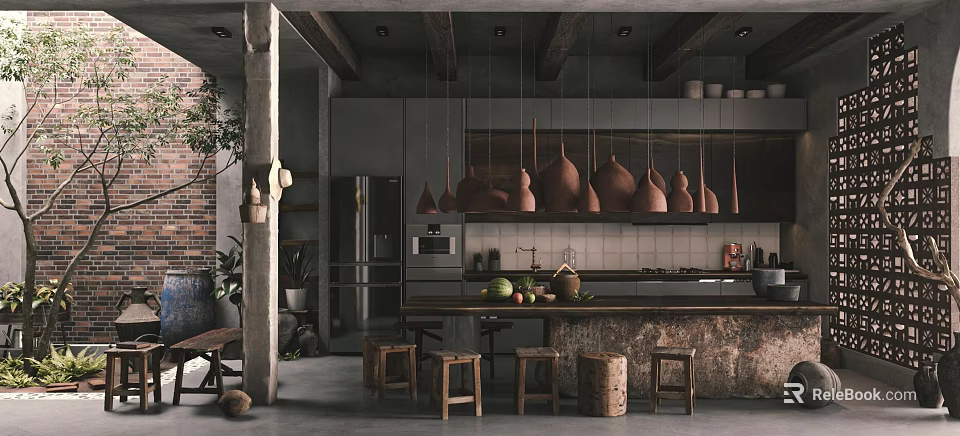 Industrial Modern Dining Living Room Interior With Concrete Floors Wooden Beams And Terracotta Pendant Lights 3d model 