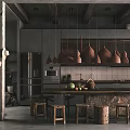 Industrial Modern Dining Living Room Interior With Concrete Floors Wooden Beams And Terracotta Pendant Lights
