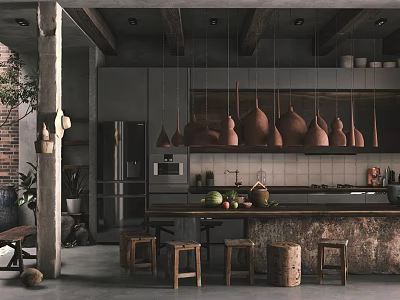 Industrial Modern Dining Living Room Interior With Concrete Floors Wooden Beams And Terracotta Pendant Lights 3d model