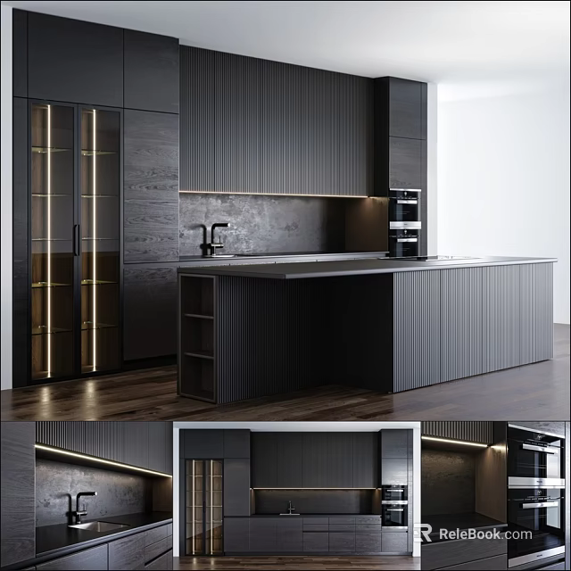 Modern Dark Kitchen Interior With Glass Door Cabinets And Island Countertop 3d model 