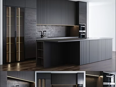 Modern Dark Kitchen Interior With Glass Door Cabinets And Island Countertop 3d model