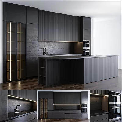 Modern Dark Kitchen Interior With Glass Door Cabinets And Island Countertop 3d model