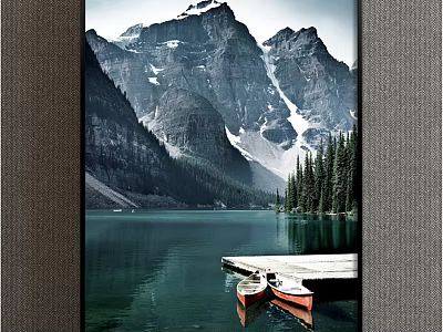 Serene Landscape Painting With Snow Capped Mountains Calm Lake Pine Trees And Wooden Dock Rowboats 3d model