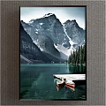 Serene Landscape Painting With Snow Capped Mountains Calm Lake Pine Trees And Wooden Dock Rowboats