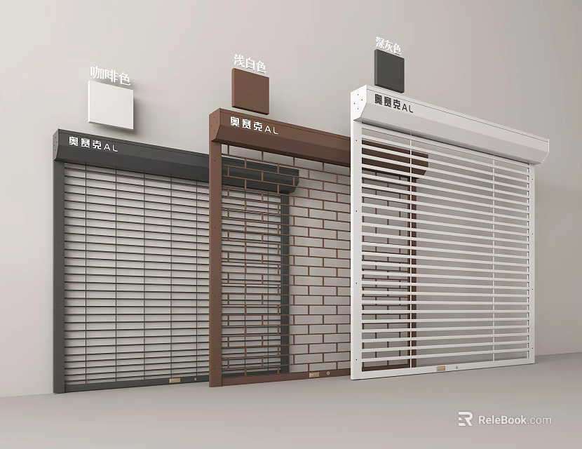 Commercial Storefronts With Different Black Brown White Roller Shutter Designs 3d model 