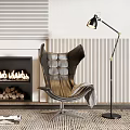 Plush Accent Chair with Blanket by Fireplace Flames Floor Lamp and Striped Wall Rug
