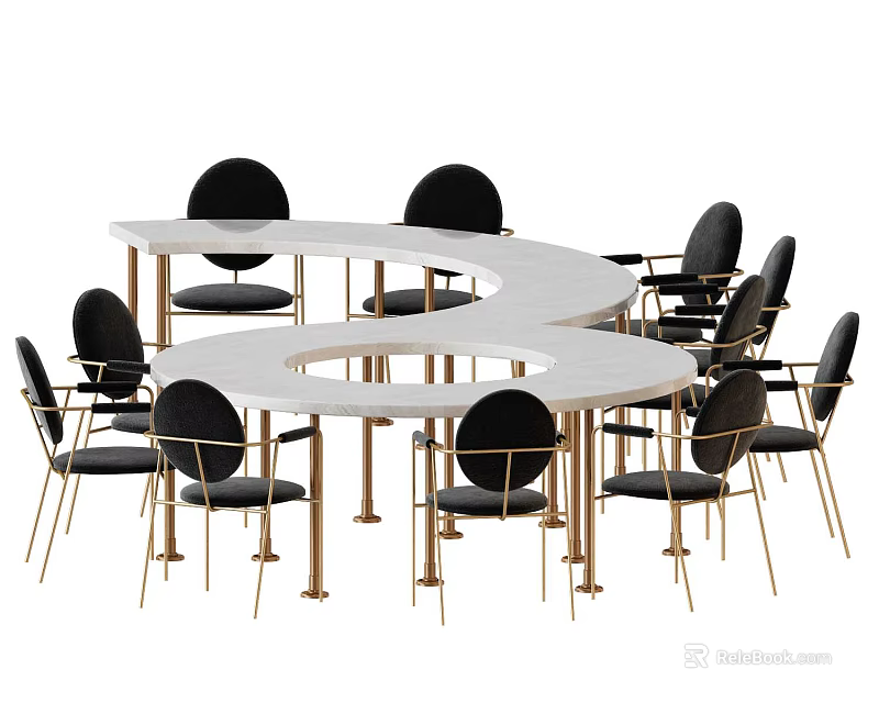 Modern S Shaped Dining Table Set with Black Chairs and Gold Legs 3d model 