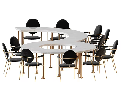 Modern S Shaped Dining Table Set with Black Chairs and Gold Legs 3d model