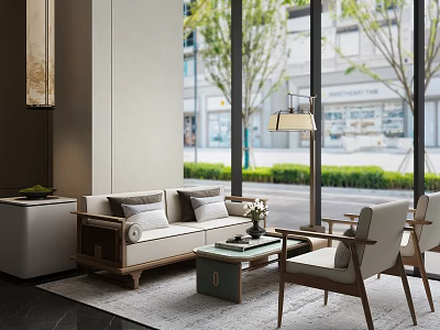 Modern Sales Office Interior With Sofa Armchairs Coffee Table And Large Windows Overlooking Street Greenery 3d model