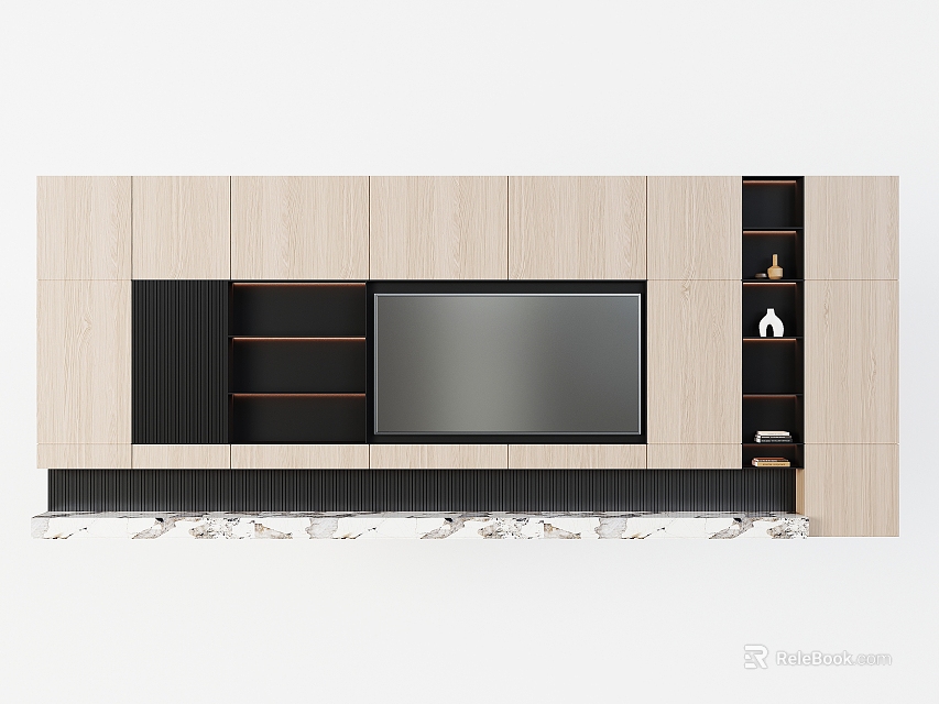 Modern TV Wall Unit With Light Wood Panels Black Shelves And Built in TV 3d model 