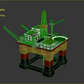 Offshore Oil Drilling Platform With Drilling Tower Cranes Green Deck And Yellow Red Black Columns