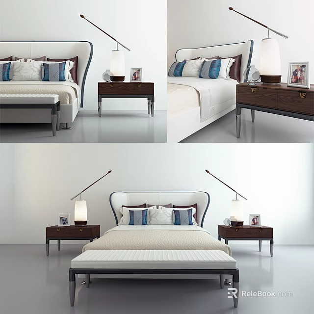 Modern Double Bed with Pillows Nightstands Table Lamps and Decorative Frames 3d model