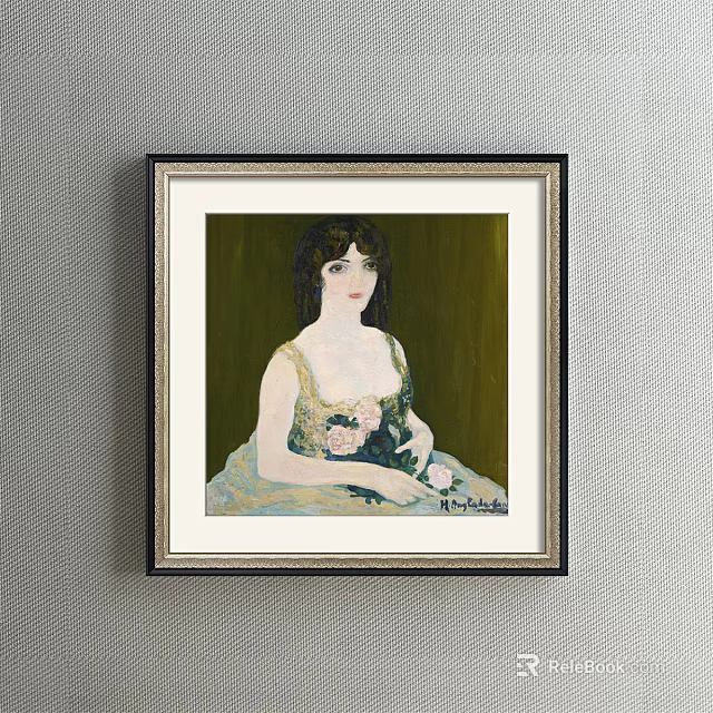 Elegant Woman Portrait Painting in Light Dress Holding Flowers Green Background Black Frame 3d model 