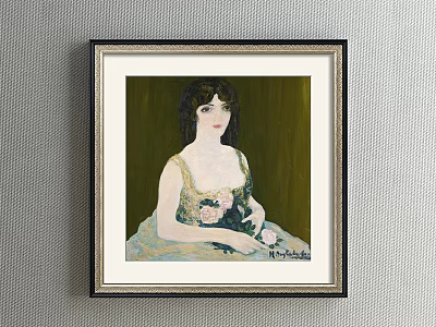 Elegant Woman Portrait Painting in Light Dress Holding Flowers Green Background Black Frame 3d model