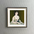 Elegant Woman Portrait Painting in Light Dress Holding Flowers Green Background Black Frame