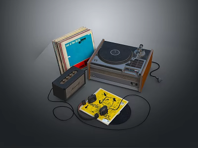 Classic Vinyl Record Player With Stacked Records Headphones And Audio Amplifier 3d model