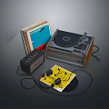 Classic Vinyl Record Player With Stacked Records Headphones And Audio Amplifier