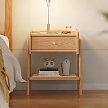 Modern Natural Wooden Nightstand With Lamp Glass Phone Books And Decorative Items