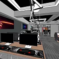 Modern Gaming Internet Cafe Interior With Computers On Desks Wall Art And Ceiling Lighting