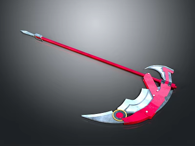 Red and Silver Scythe Weapon with Long Handle and Circular Red Accents 3d model