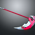 Red and Silver Scythe Weapon with Long Handle and Circular Red Accents