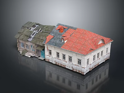 Traditional Old Building With Weathered White Walls Damaged Green And Red Roofs 3d model