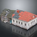 Traditional Old Building With Weathered White Walls Damaged Green And Red Roofs