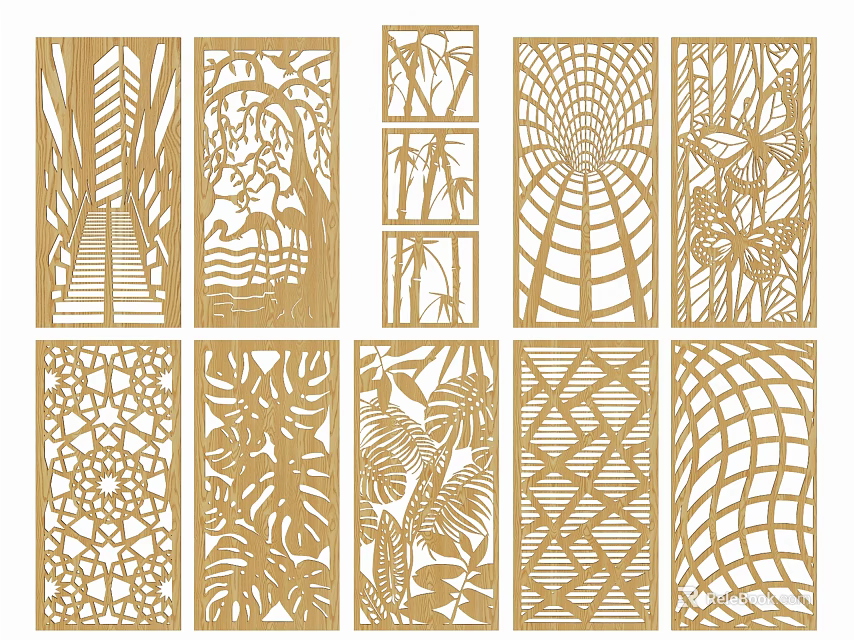 Decorative Wooden Partition With Various Carved Leaf Bamboo And Geometric Patterns 3d model 