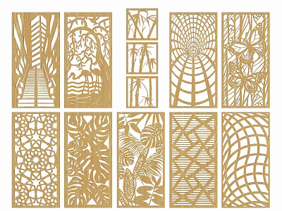 Decorative Wooden Partition With Various Carved Leaf Bamboo And Geometric Patterns 3d model