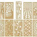 Decorative Wooden Partition With Various Carved Leaf Bamboo And Geometric Patterns 3d model