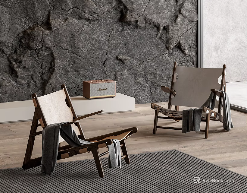 Wooden Frame Leisure Chairs with Blankets on Stone Wall Background and Wooden Floor 3d model 