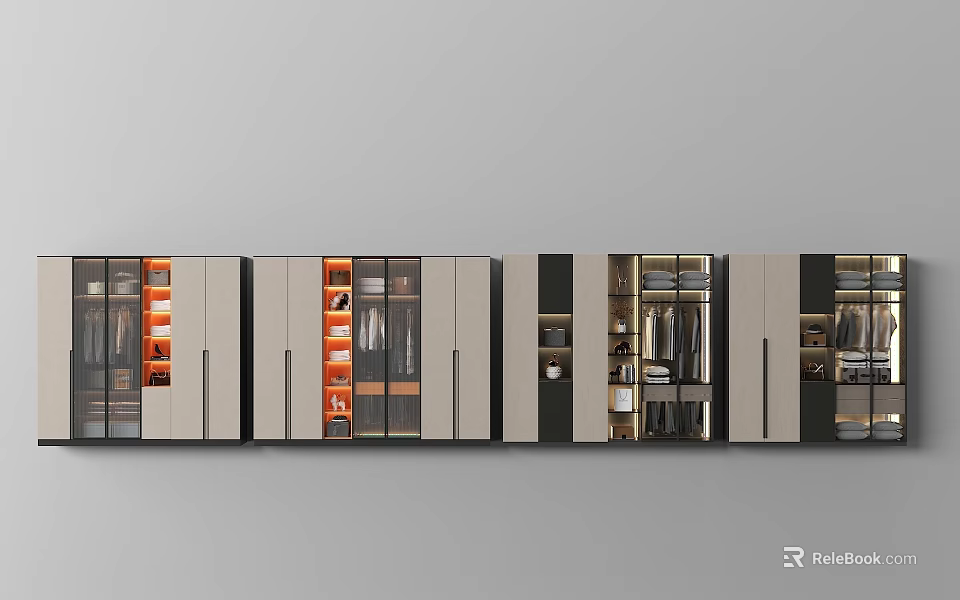 Modern Wardrobe Interior Design With Multiple Glass Doors And Storage Compartments 3d model 