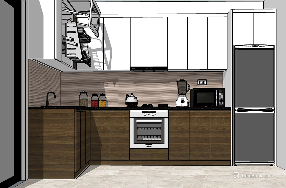 Modern Kitchen Featuring Wooden Base And White Upper Cabinets With Appliances 3d model