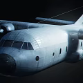 Flying Passenger Plane with Silver Body and Spiral Propellers in Dark Sky